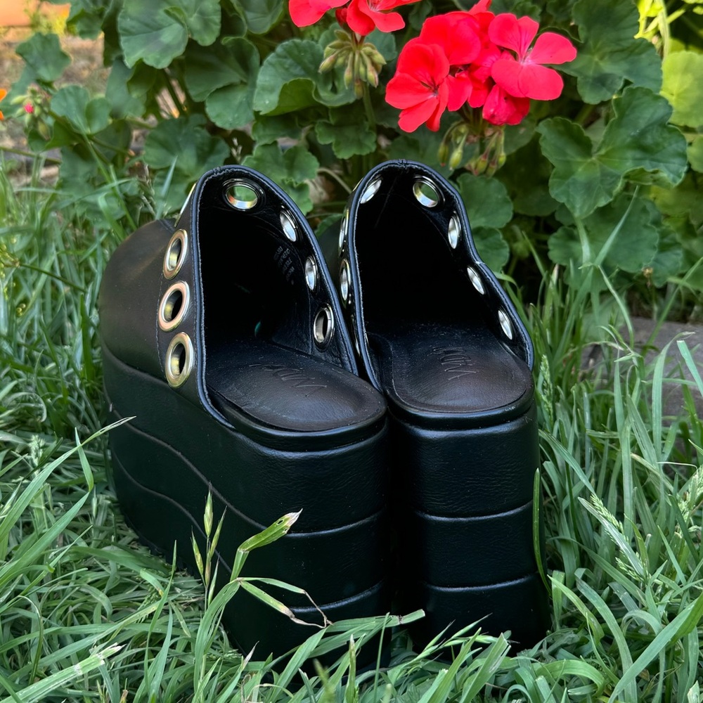 Dolls Kill Black Platform Clog Mules with Silver Eyelets - Picture 6 of 9